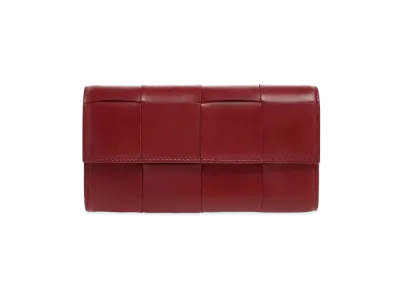 Bottega Veneta Casette Maxi Intrecciato Lambskin Calfskin Flap Long Wallet "Dark Red"
