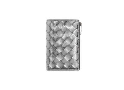Bottega Veneta Intrecciato Lambskin Medium Bi-fold Zip Wallet "Silver"