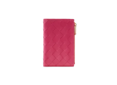 Bottega Veneta Intrecciato Lambskin Medium Bi-fold Zip Wallet "Cranberry"