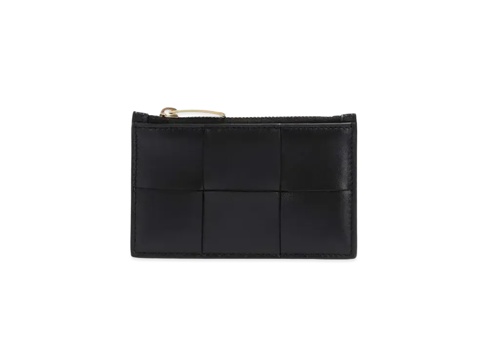 Bottega Veneta Casette Maxi Intrecciato Lambskin Calfskin Zippered Card Case "Black"