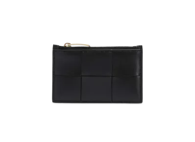 Bottega Veneta Casette Maxi Intrecciato Lambskin Calfskin Zippered Card Case "Black"
