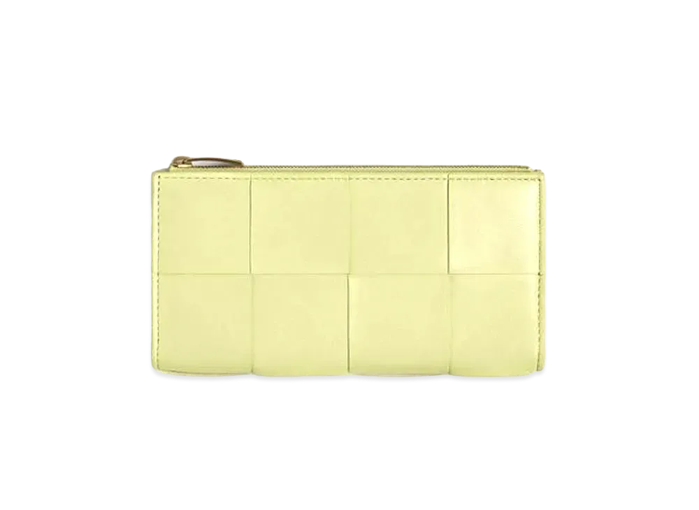 Bottega Veneta Casette Maxi Intrecciato Lambskin Calfskin Large Bi-fold Zippered Wallet "Washed Lemon Yellow"