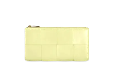 Bottega Veneta Casette Maxi Intrecciato Lambskin Calfskin Large Bi-fold Zippered Wallet "Washed Lemon Yellow"
