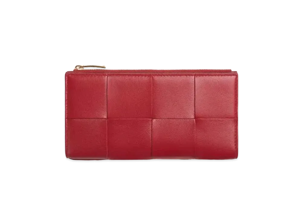 Bottega Veneta Casette Maxi Intrecciato Lambskin Calfskin Large Bi-fold Zippered Wallet "Dark Red"