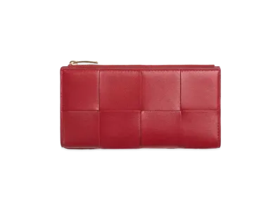 Bottega Veneta Casette Maxi Intrecciato Lambskin Calfskin Large Bi-fold Zippered Wallet "Dark Red"