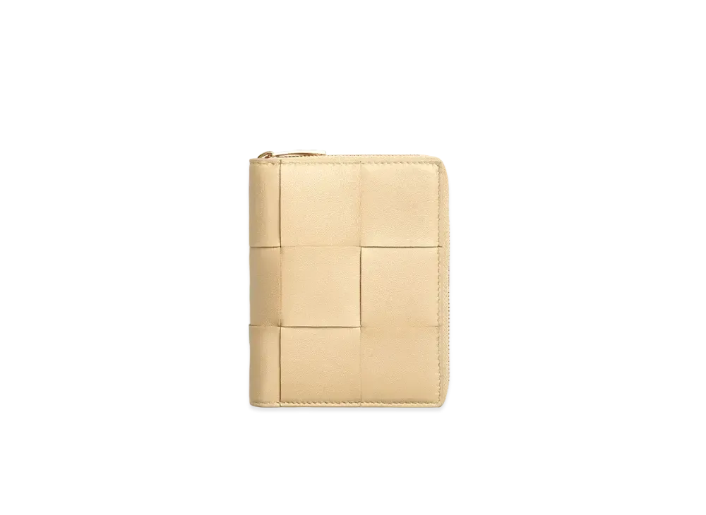 Bottega Veneta Casette Maxi Intrecciato Lambskin Calfskin Small Bi-fold Zip Around Wallet "Porridge"