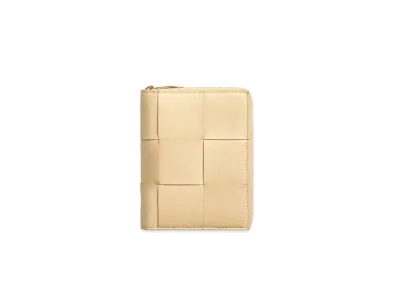 Bottega Veneta Casette Maxi Intrecciato Lambskin Calfskin Small Bi-fold Zip Around Wallet "Porridge"