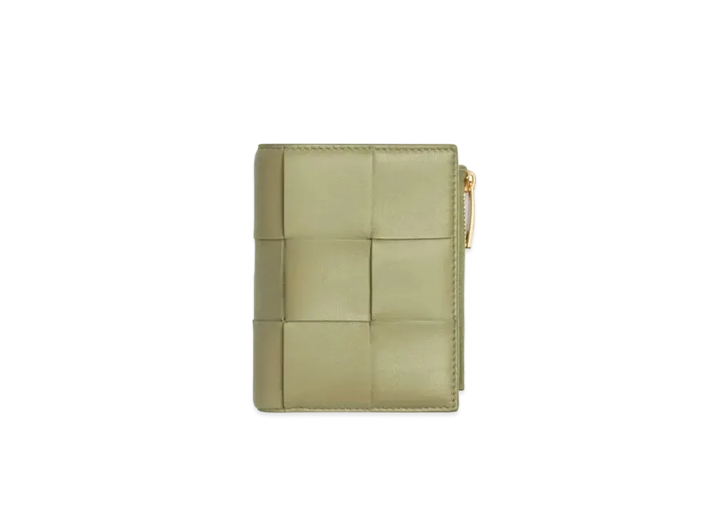 Bottega Veneta Casette Maxi Intrecciato Lambskin Bi-fold Zippered Wallet "Travertine"