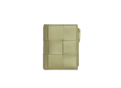 Bottega Veneta Casette Maxi Intrecciato Lambskin Bi-fold Zippered Wallet "Travertine"