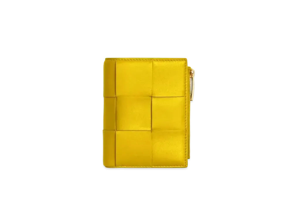 Bottega Veneta Casette Maxi Intrecciato Lambskin Bi-fold Zippered Wallet "Pollen"