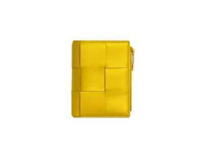 Bottega Veneta Casette Maxi Intrecciato Lambskin Bi-fold Zippered Wallet "Pollen"