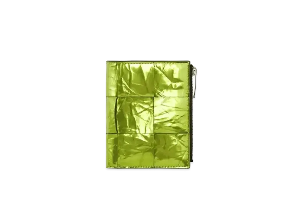 Bottega Veneta Casette Maxi Intrecciato Calfskin Bi-fold Zippered Wallet "Chlorophyll"