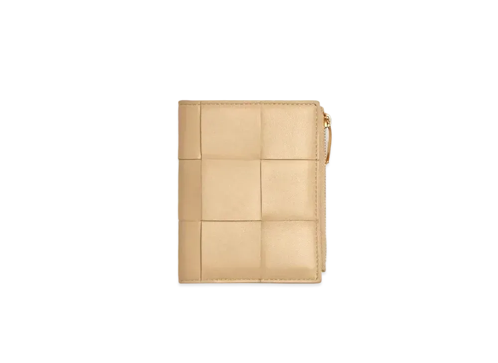 Bottega Veneta Casette Maxi Intrecciato Lambskin Bi-fold Zippered Wallet "Porridge"