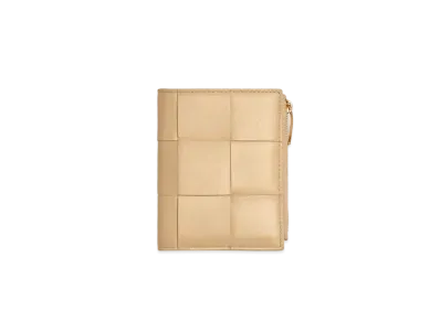 Bottega Veneta Casette Maxi Intrecciato Lambskin Bi-fold Zippered Wallet "Porridge"