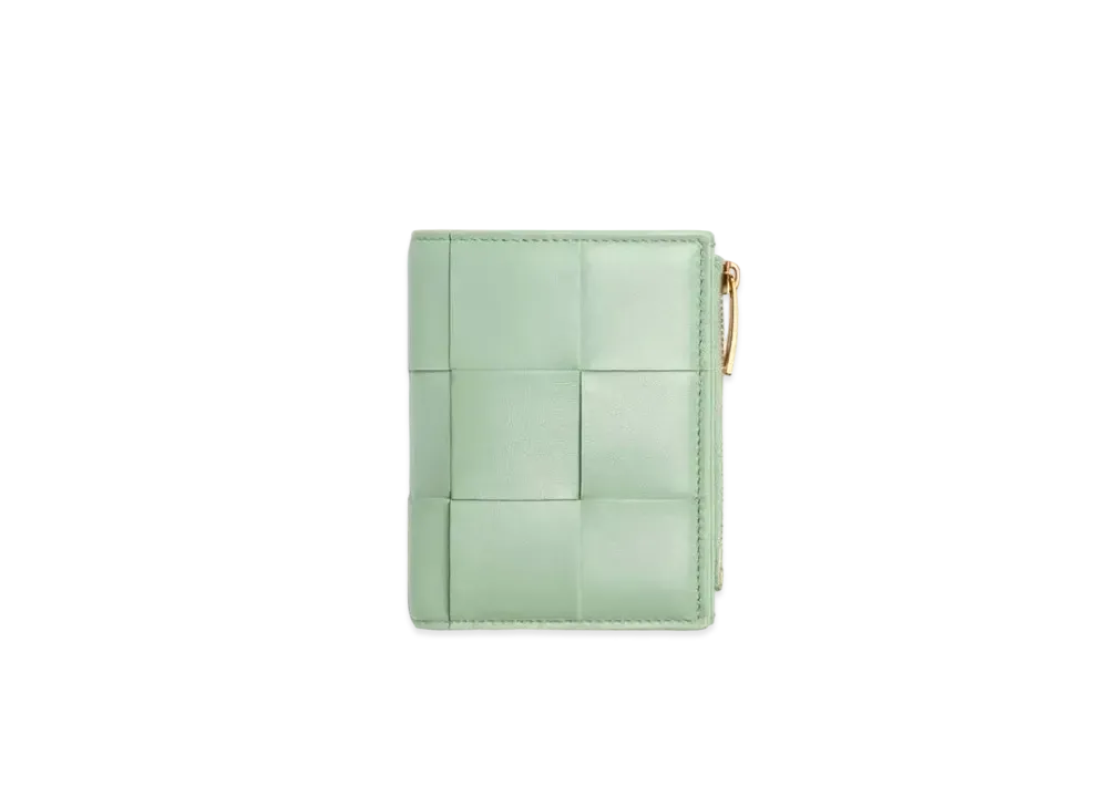 Bottega Veneta Casette Maxi Intrecciato Lambskin Bi-fold Zippered Wallet "Sage Green"