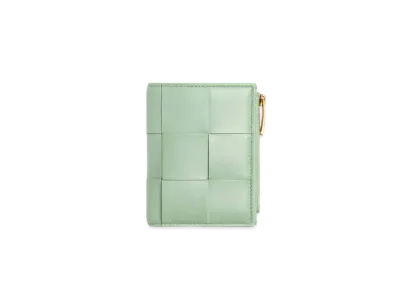 Bottega Veneta Casette Maxi Intrecciato Lambskin Bi-fold Zippered Wallet "Sage Green"