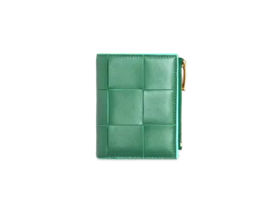 Bottega Veneta Casette Maxi Intrecciato Calfskin Bi-fold Zippered Wallet "Merm/Celadon"