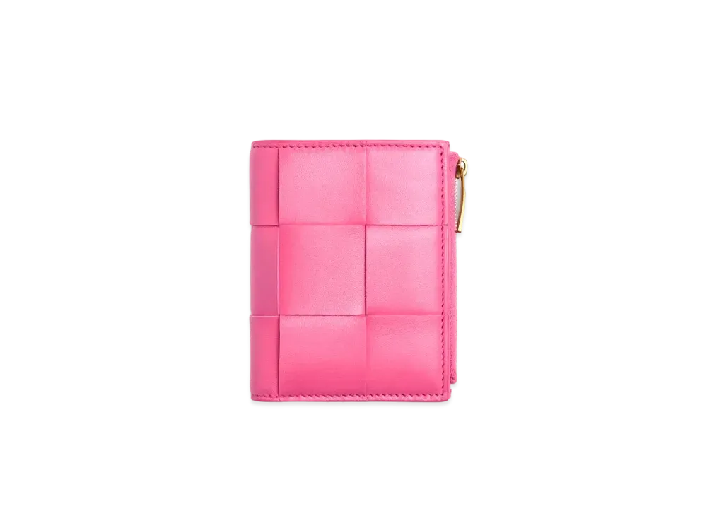 Bottega Veneta Casette Maxi Intrecciato Lambskin Bi-fold Zippered Wallet "Milk Sheke"