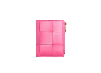 Bottega Veneta Casette Maxi Intrecciato Lambskin Bi-fold Zippered Wallet "Milk Sheke"