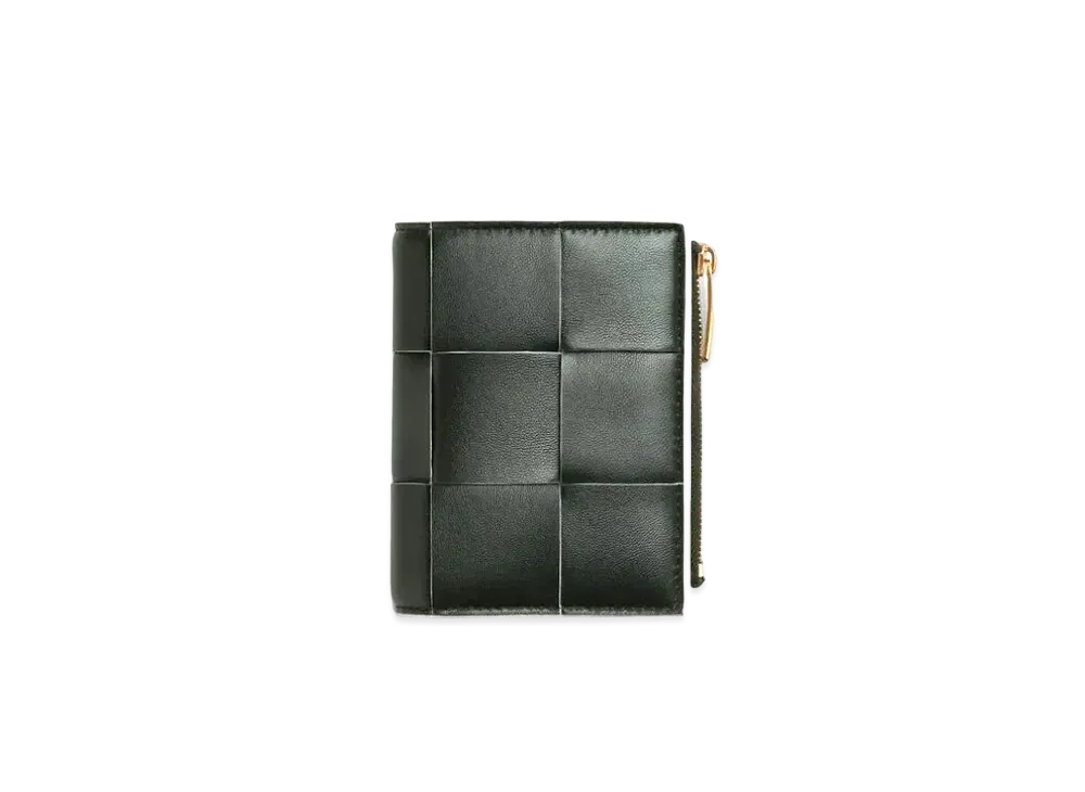Bottega Veneta Casette Maxi Intrecciato Calfskin Bi-fold Zippered Wallet "Dark Green/White"