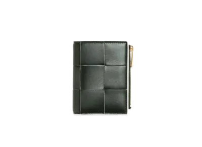 Bottega Veneta Casette Maxi Intrecciato Calfskin Bi-fold Zippered Wallet "Dark Green/White"
