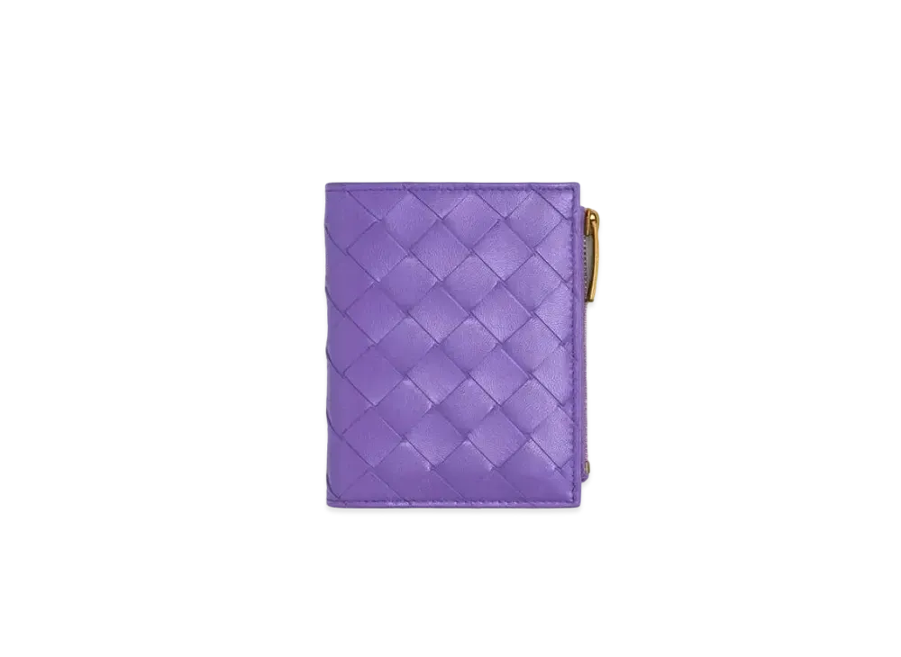 Bottega Veneta Intrecciato Small Lambskin Calfskin Bi-fold Zippered Wallet "Purple"