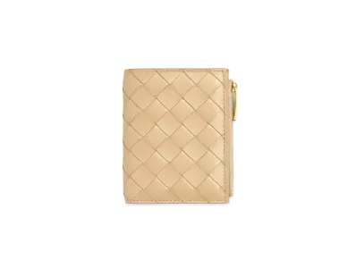 Bottega Veneta Intrecciato Small Lambskin Bi-fold Zippered Wallet "Porridge"