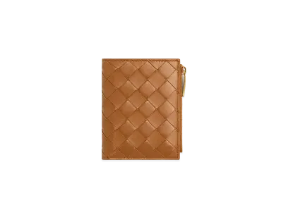 Bottega Veneta Intrecciato Lambskin Small Bi-fold Zippered Wallet "Wood"