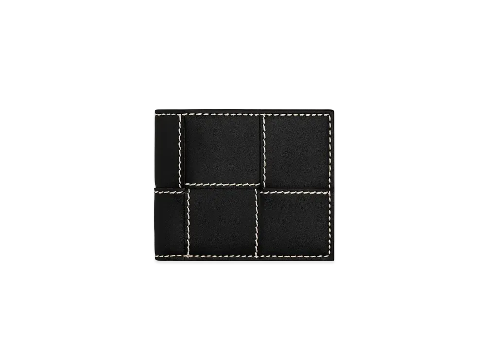 Bottega Veneta Casette Maxi Intrecciato Calfskin Edge Stetch Bi-fold Wallet "Black/Natural"