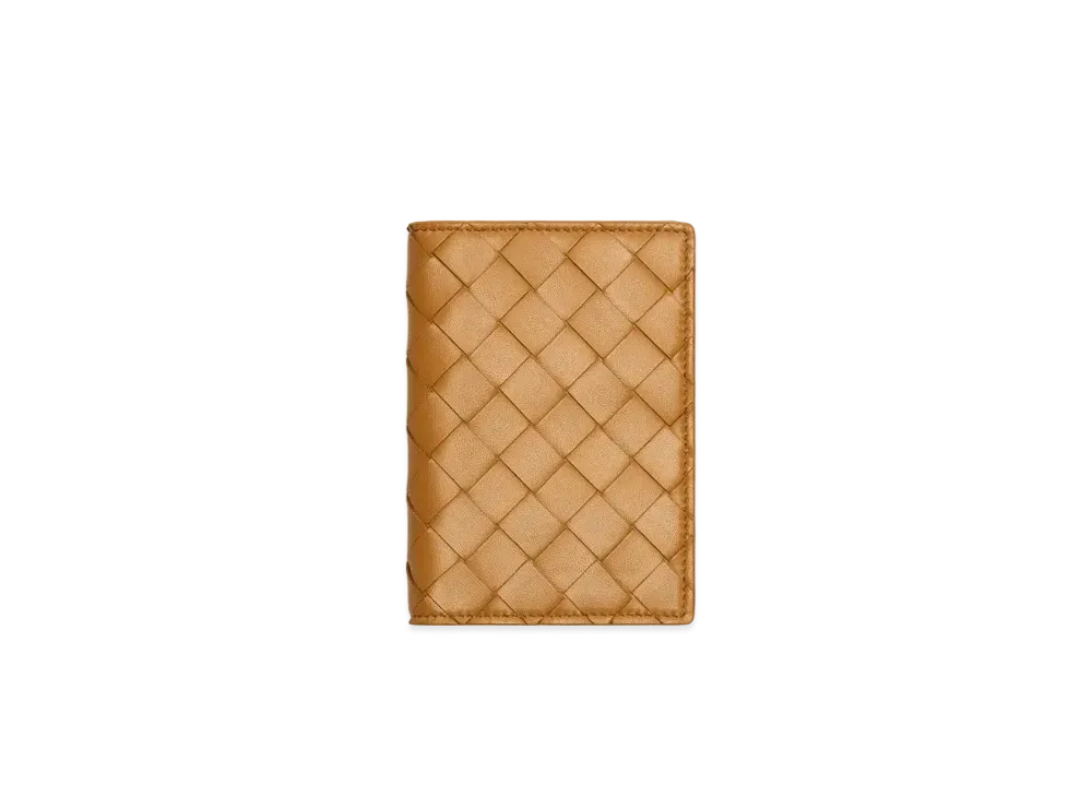 Bottega Veneta Intrecciato Lambskin Calfskin Passport Case "Caramel"