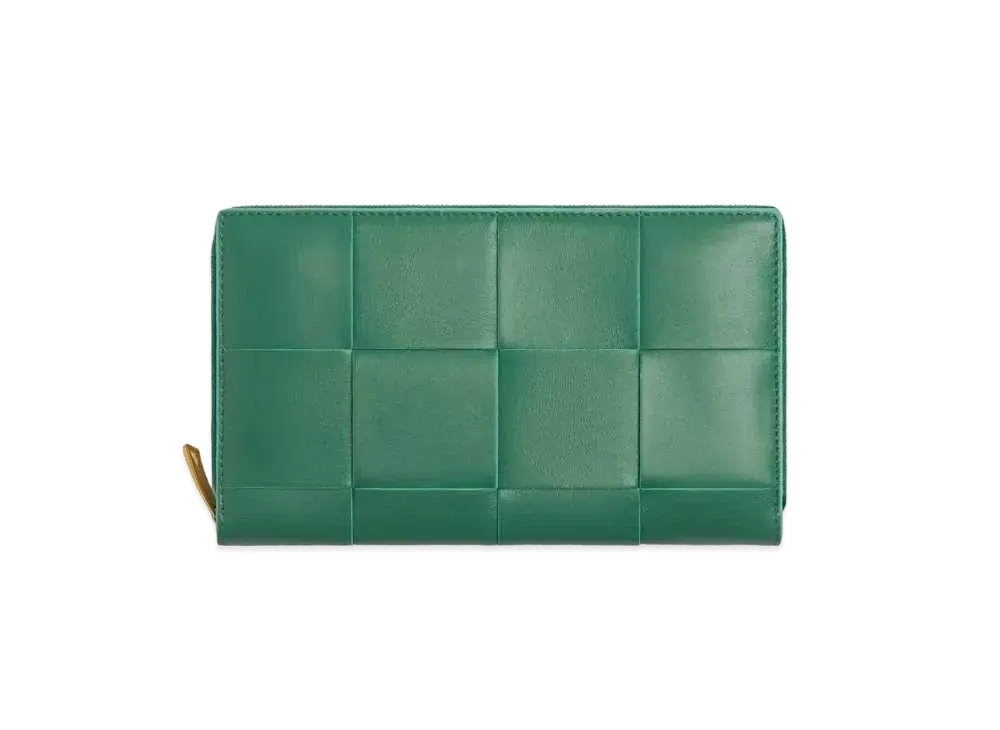 Bottega Veneta Casette Maxi Intrecciato Lambskin Calfskin Bi-fold Zip Around Wallet "Merm/Celadon"