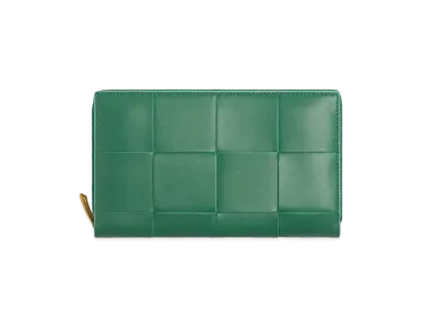 Bottega Veneta Casette Maxi Intrecciato Lambskin Calfskin Bi-fold Zip Around Wallet "Merm/Celadon"