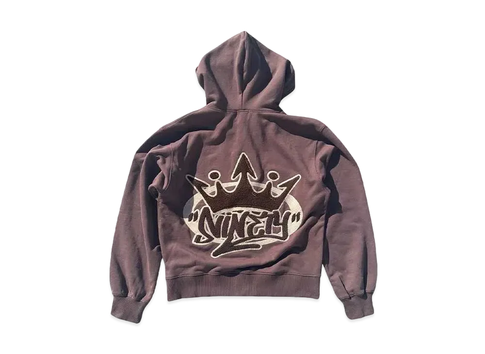 9090 King Logo Pile Stitched Zip Hoodie "BROWN"