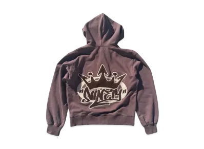 9090 King Logo Pile Stitched Zip Hoodie "BROWN"