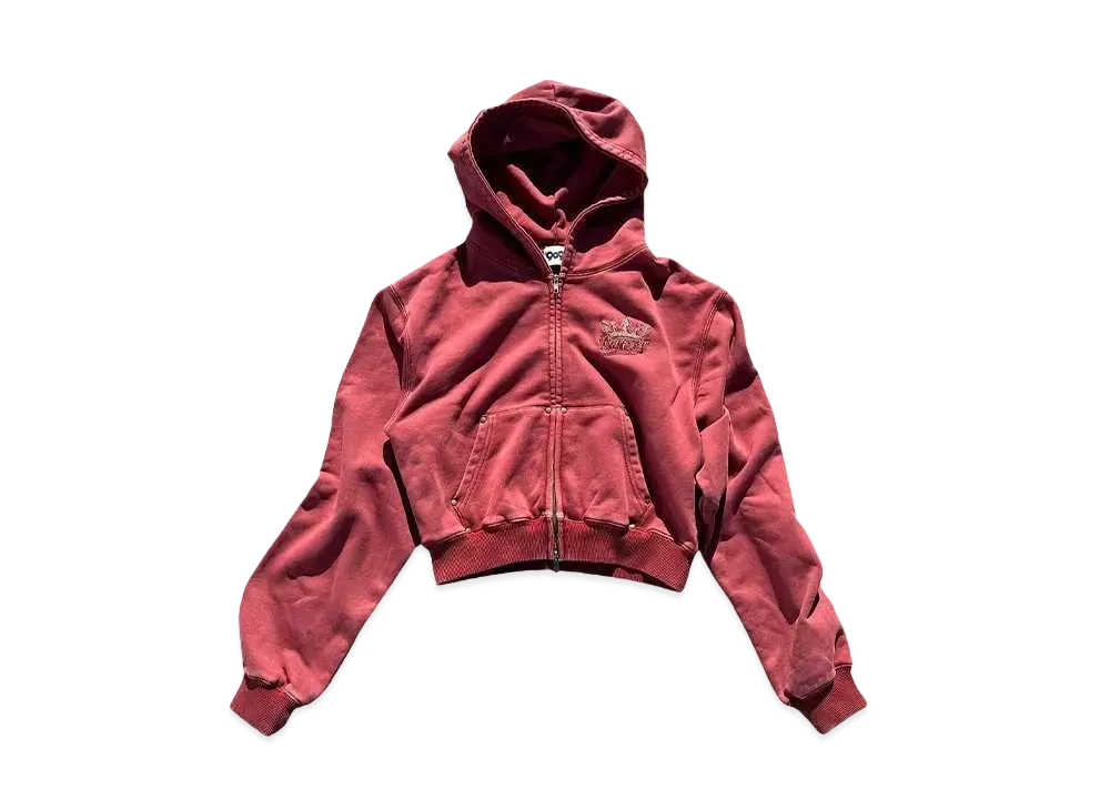 9090 King Logo Pile Stitched Zip Hoodie (Cropped) "PIGMENT RED"
