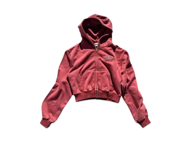 9090 King Logo Pile Stitched Zip Hoodie (Cropped) "PIGMENT RED"