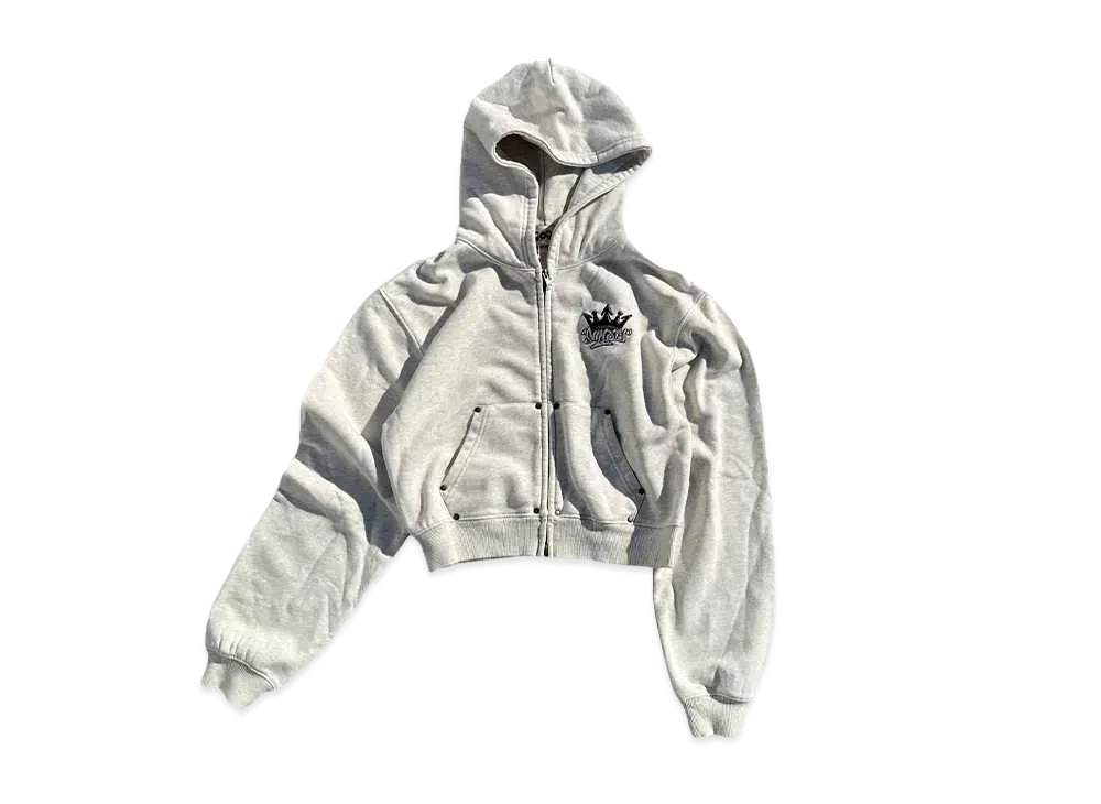 9090 King Logo Pile Stitched Zip Hoodie (Cropped) "OATMEAL"