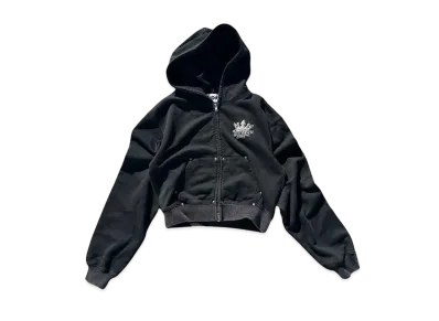 9090 King Logo Pile Stitched Zip Hoodie (Cropped) "BLACK"