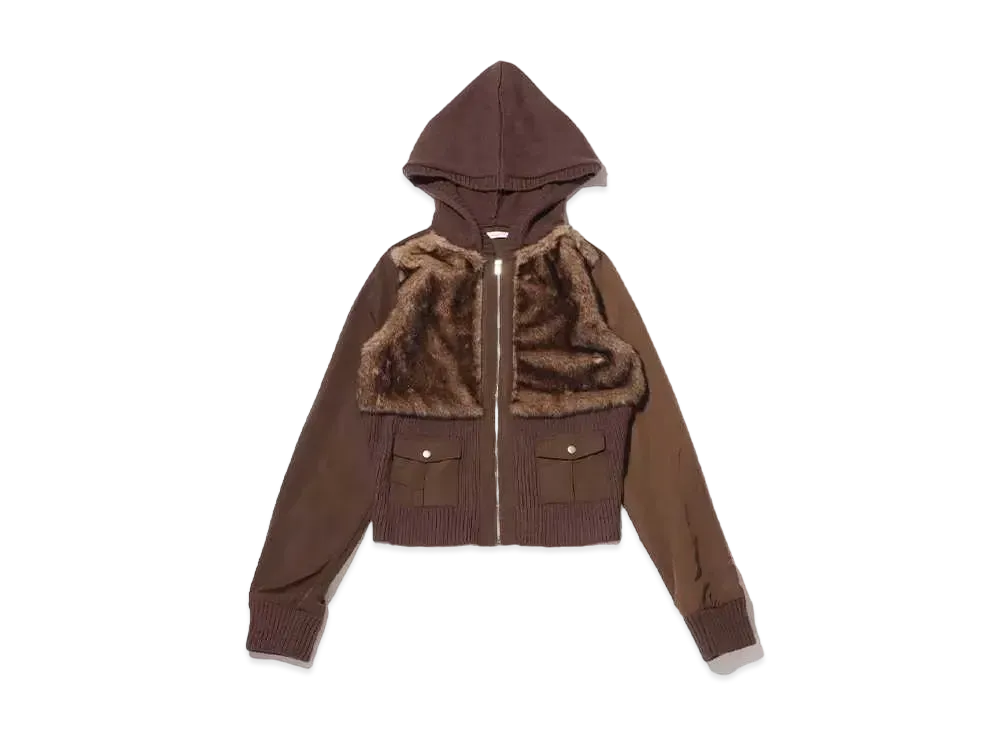 atmos pink Different Material Docking Fur Knit Cardigan "Brown"