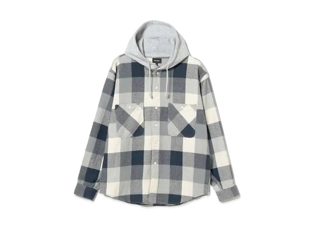 BEAMS Hooded Check Flannel Shirt "Navy"