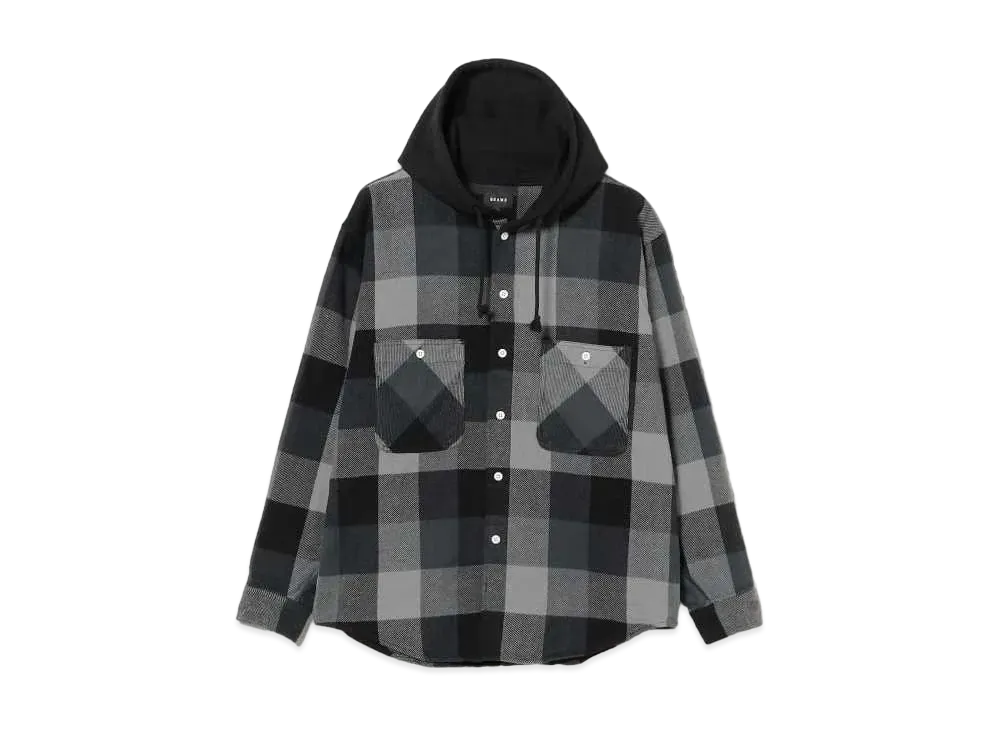 BEAMS Hooded Check Flannel Shirt "Black"