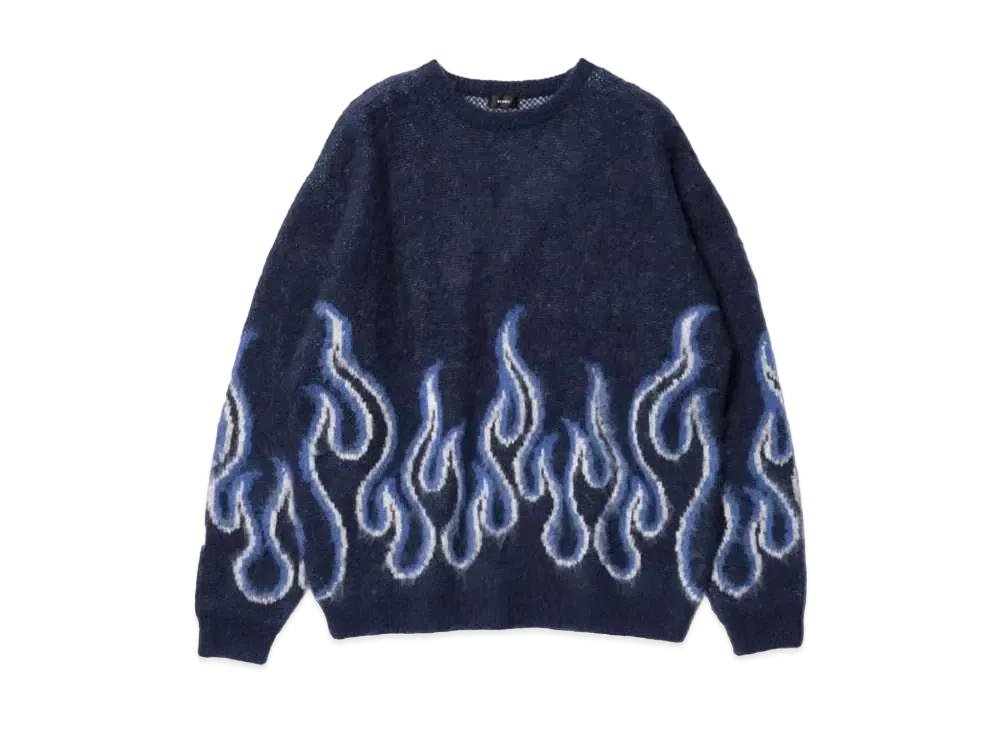 BEAMS 7 Gauge Fire Shaggy Crew Neck Knit "Navy"