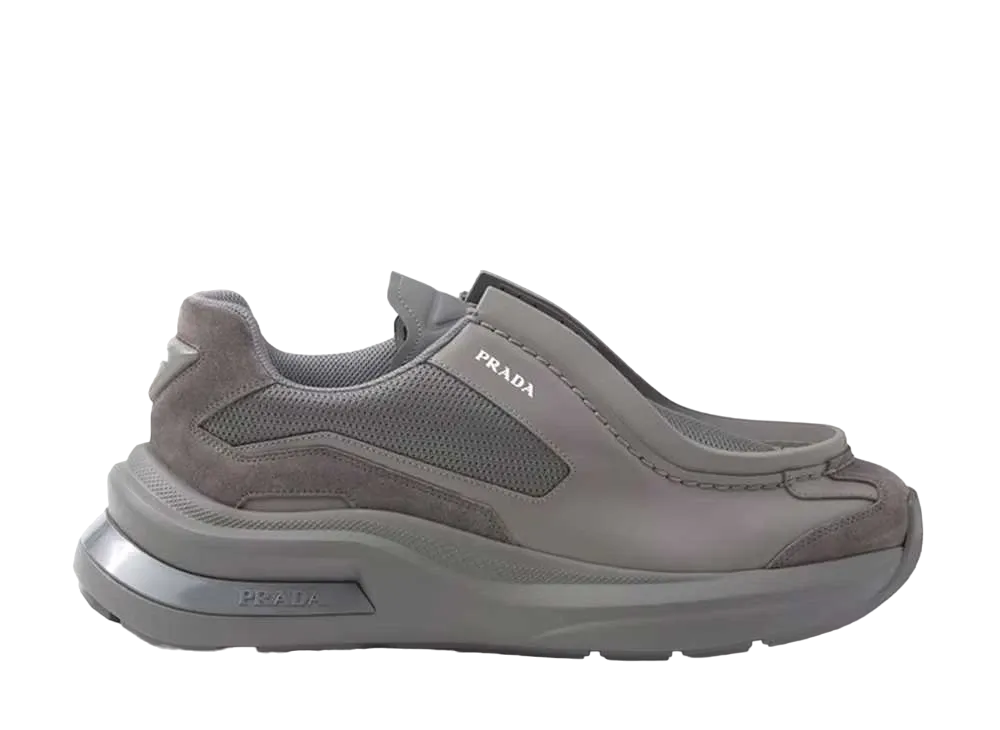 PRADA Systeme Brushed Leather Sneakers with Bike Fabric and Suede Elements "Light Gray"