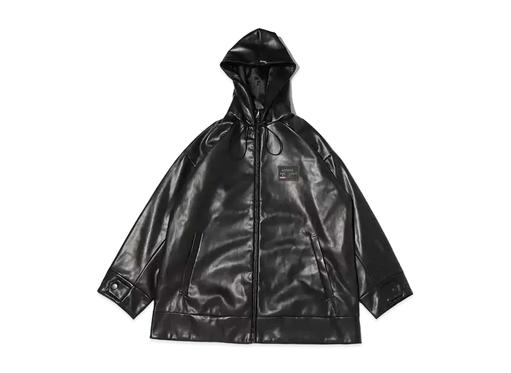 atmos pink Zip-Up Faux-Leather Big Hoodie "Black"