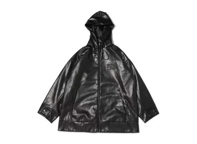 atmos pink Zip-Up Faux-Leather Big Hoodie "Black"