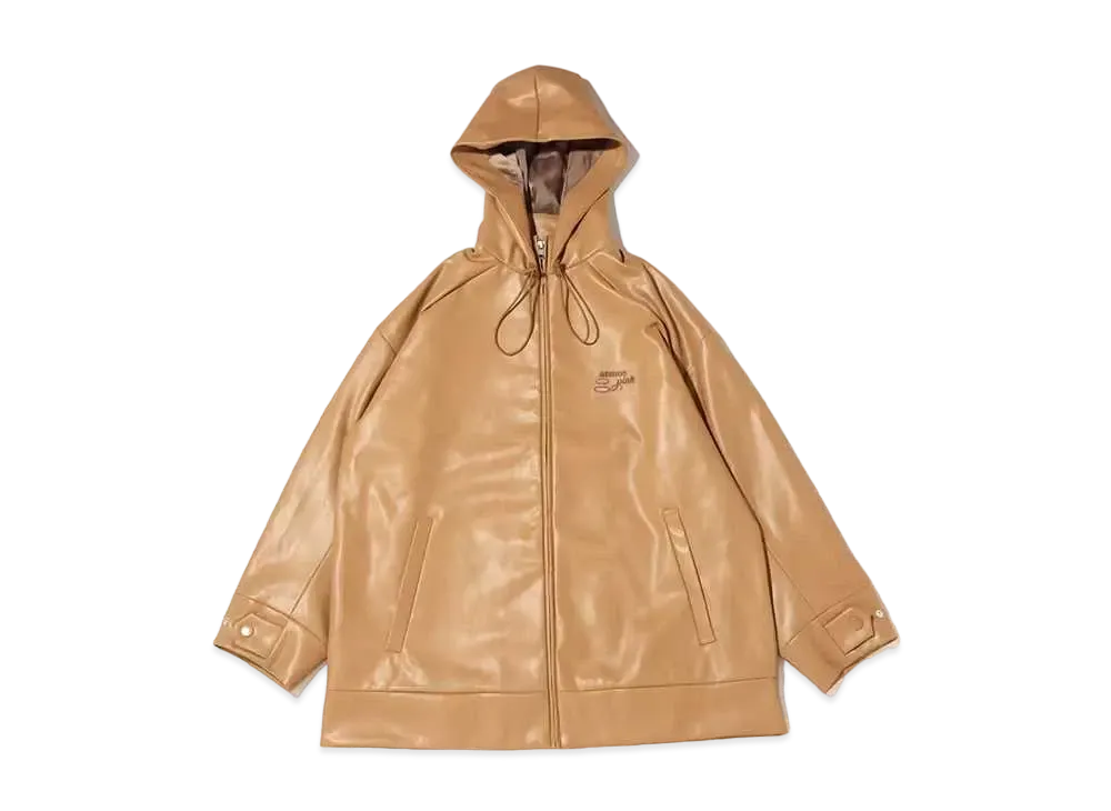 atmos pink Zip-Up Faux-Leather Big Hoodie "Brown"