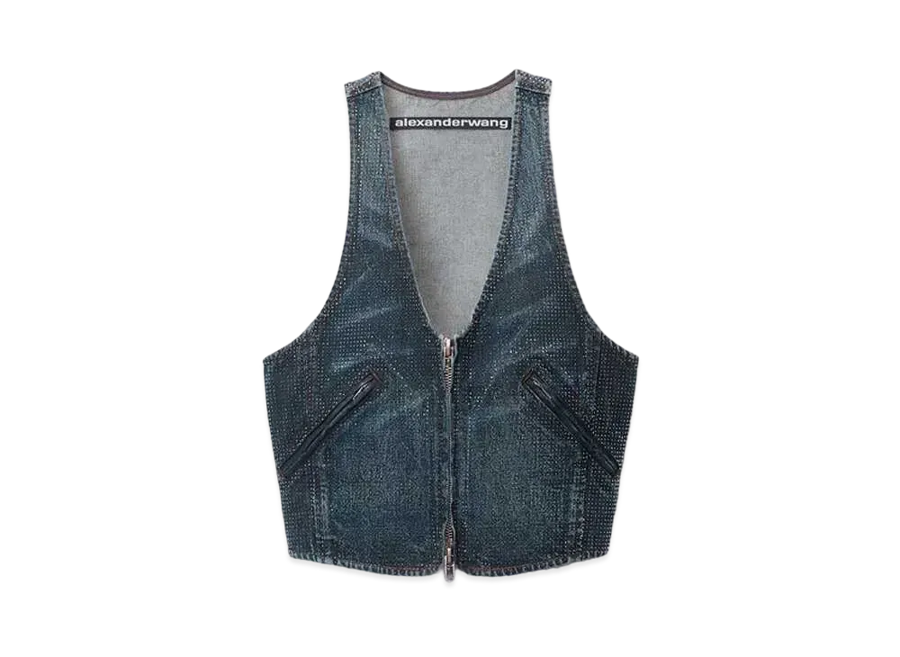 Alexander Wang Clear Crystal Hotfix Cotton Denim Vest "Black Crackle Indigo"