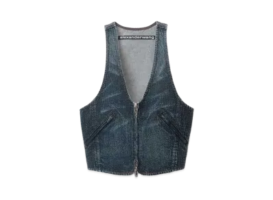 Alexander Wang Clear Crystal Hotfix Cotton Denim Vest "Black Crackle Indigo"