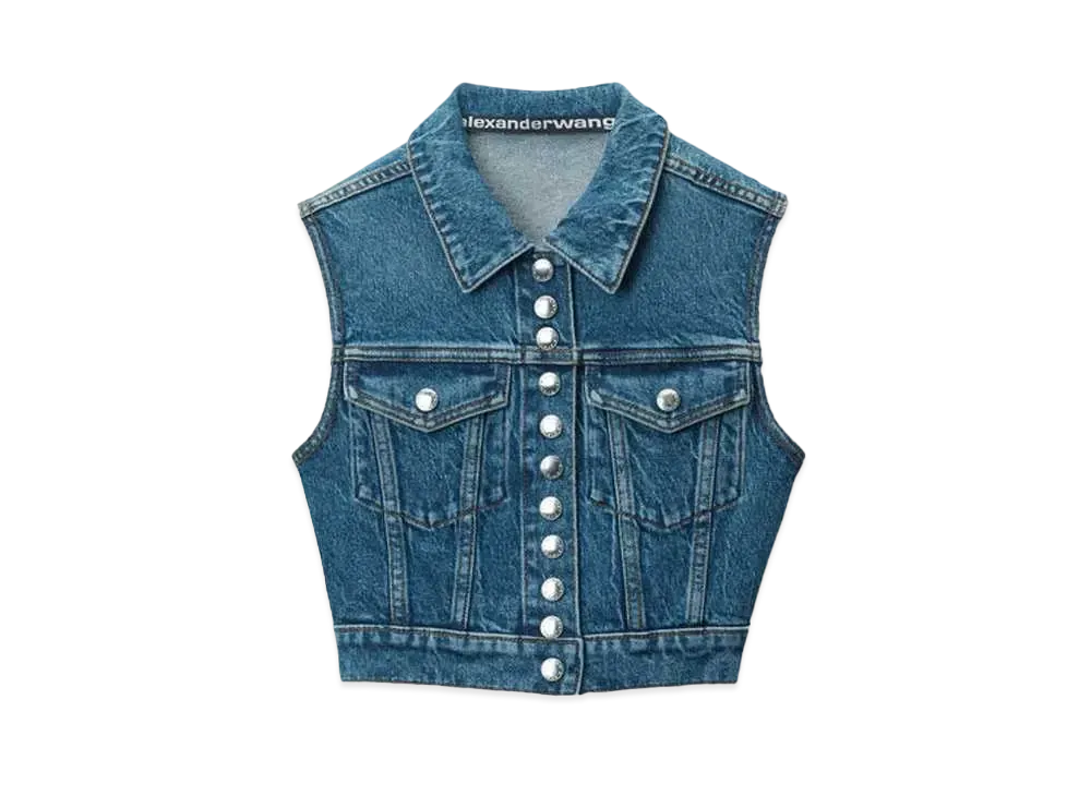 Alexander Wang Comfort Stretch Denim Cropped Trucker Vest "Deep Blue"