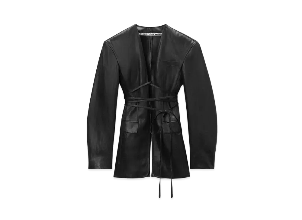 Alexander Wang Linen Shinz Front Open Self-Tie Closure Blazer "Black"